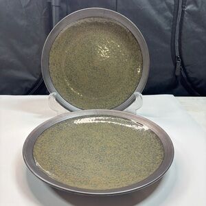Sango Omega Olive Green Speckled Stoneware Dinner Plates Set of 2 11 Inch Read